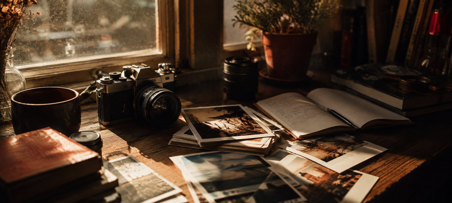 Analogue camera and printed photographs on a desk by a window