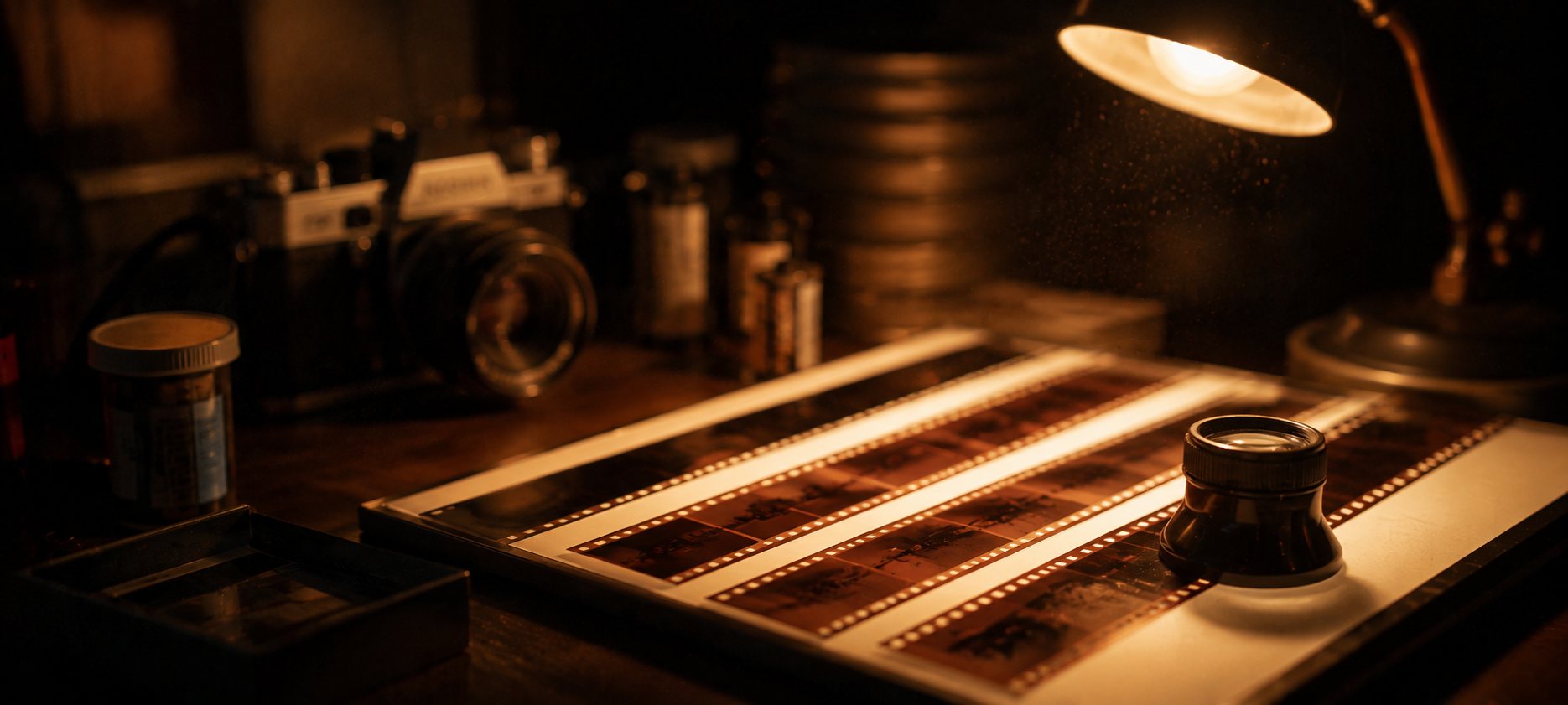 Light table with negatives, an analogue camera and film canisters at Isla Film Lab
