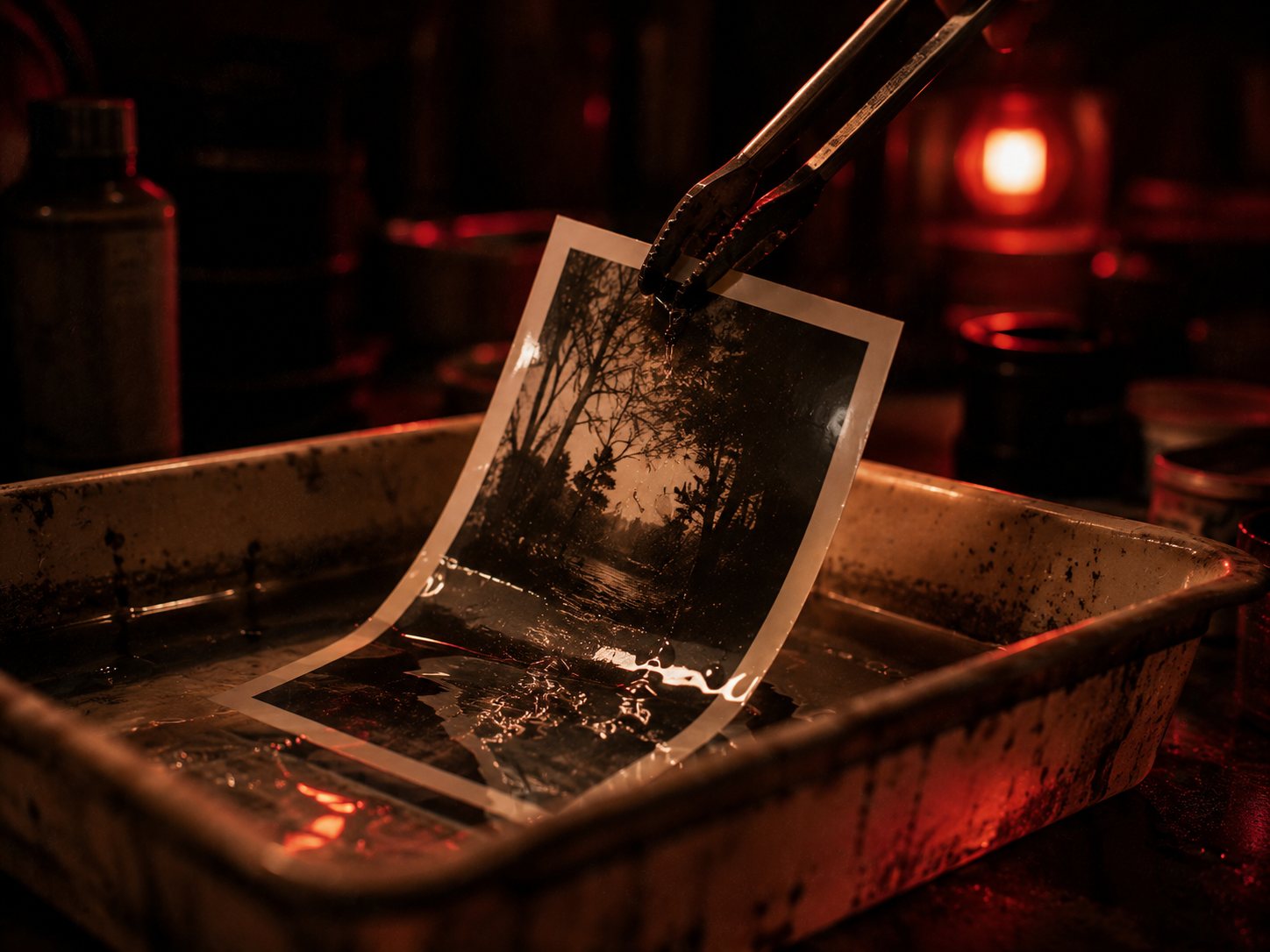 A black-and-white print emerging from the developer tray in the darkroom