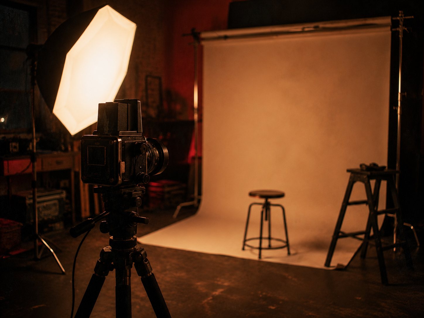 Isla Film Lab's photography studio set up with lighting and a backdrop
