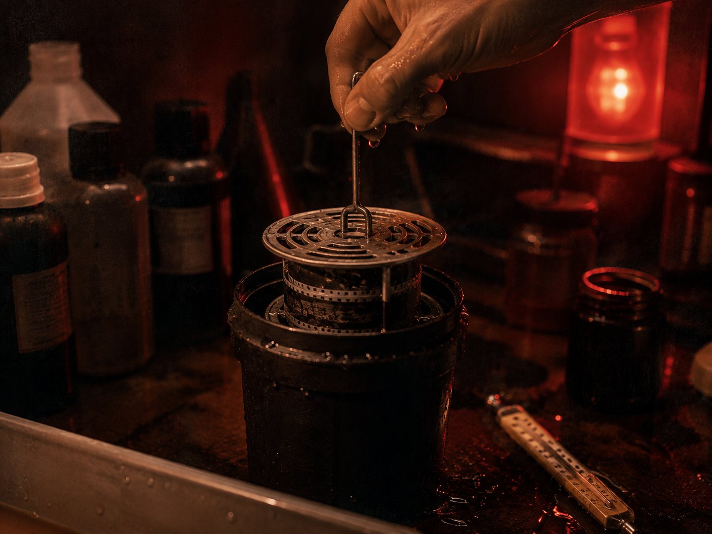Lifting a developing reel out of the tank under red safelight